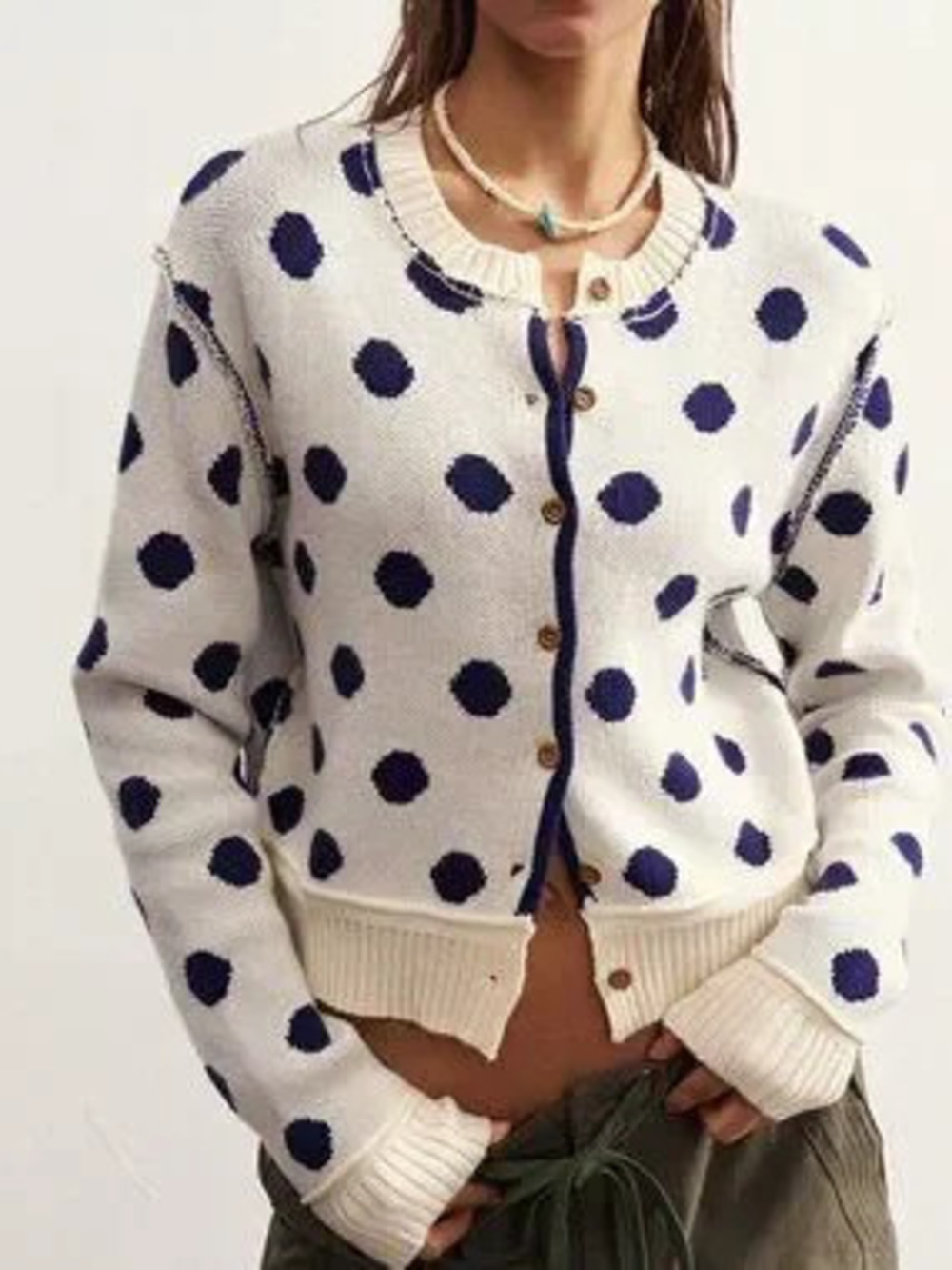 Blue And White Casual Women's Preppy Polka Dot Contrast Crew Neck Knit Cardigan